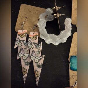 Butterfly Lightning Bolt Dangle Earrings - Pink & Black